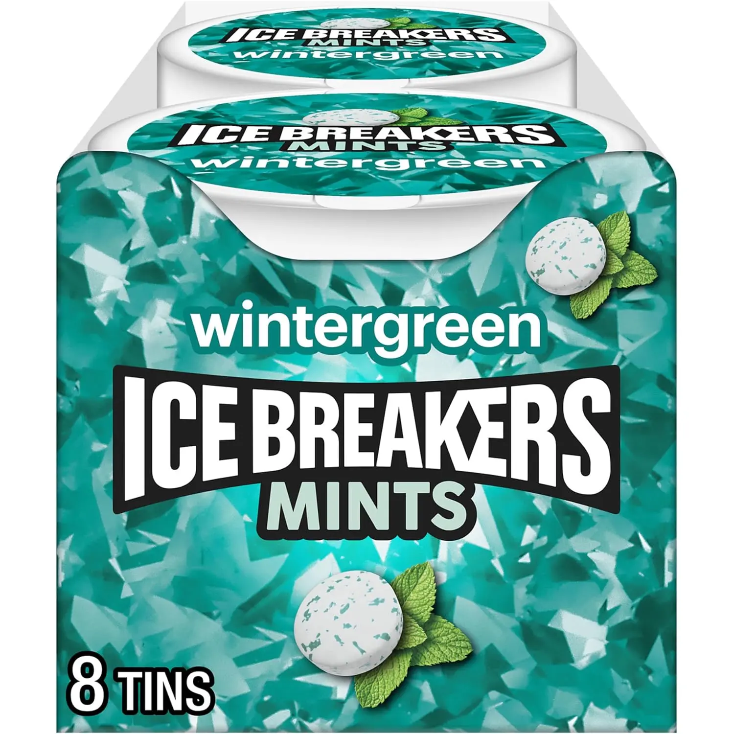 ICE BREAKERS Wintergreen Organic Candies with Cooling Crystals, 8 Tins (1.5 oz Each) - No Added Sugar, GMO-Free, Low-Fat & Saturated Fat-Free Variants, Ambient Party Snacks for 6 Years and Above