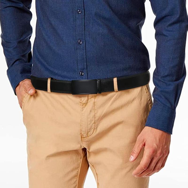 Men's Leather Belt Automatic Ratchet Buckle Slide Belt for Dress Casual Trim to Fit High-Quality Leather Strap & Alloy Buckle Classic Design