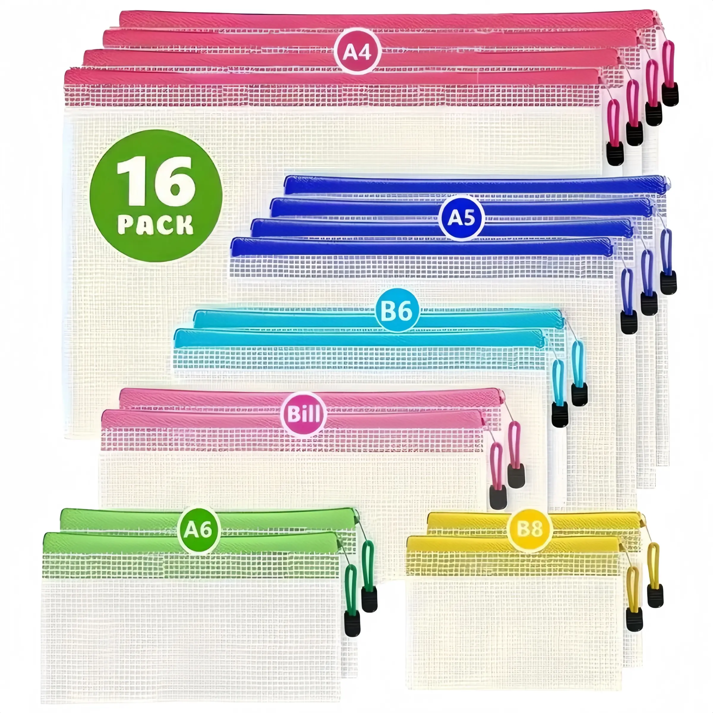 16-piece Set Transparent Zippered Filing Folders in Mesh Bags, File Organizer for Desk, Available in 6 Sizes, Waterproof Travel and Office Storage Bags Ideal for Office Supplies, Small Items, Office Accessories, Plastic Clear Folders