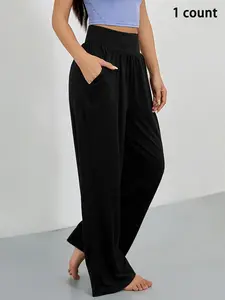 Sporty Women's Solid Color Pocket Joggers, Casual Sport Wide Waistband Trousers for Outdoor Workout Running, Summer Airport Outfit 2024, Ladies Sportswear Lounge Outfit for All Seasons