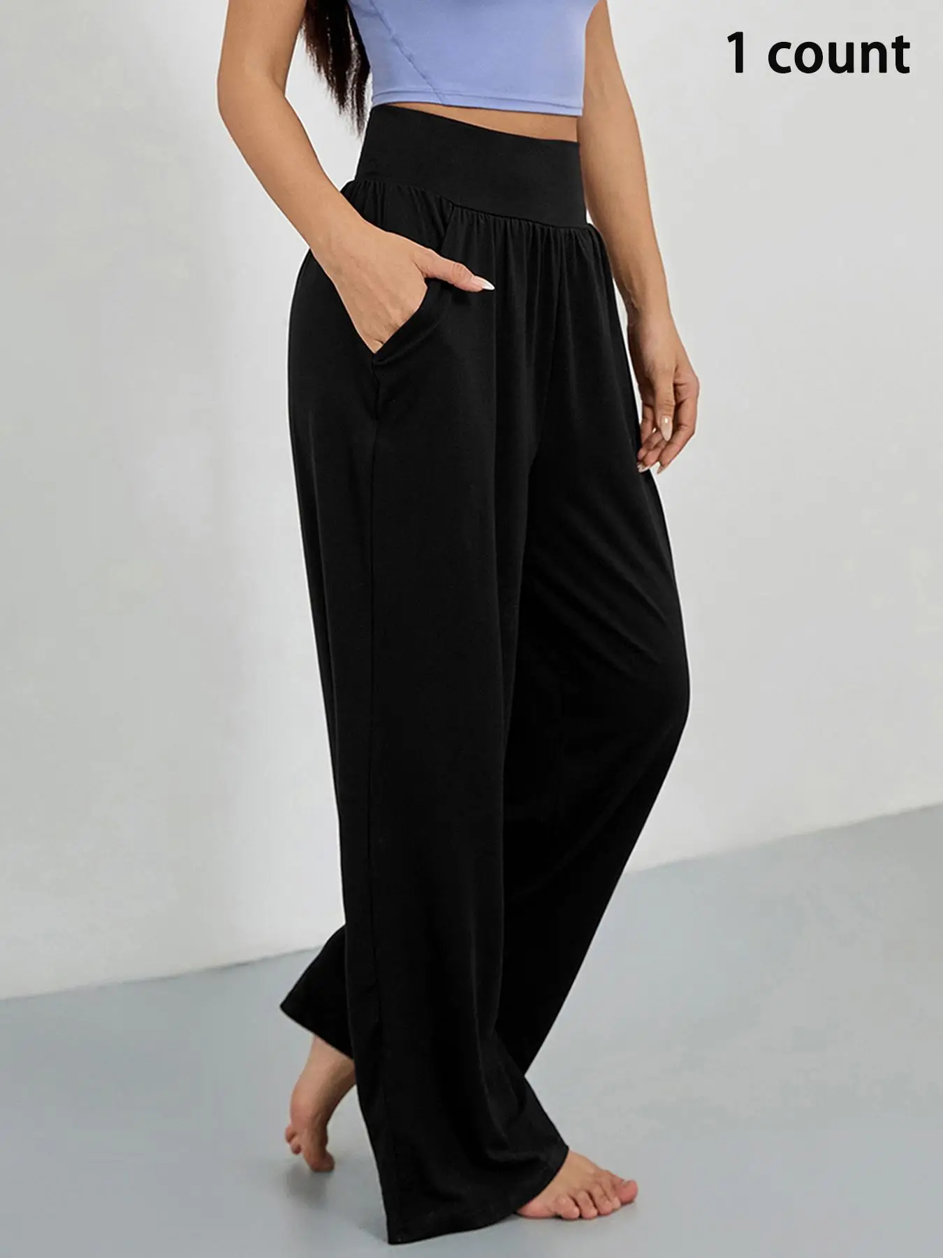 Sporty Women's Solid Color Pocket Joggers, Casual Sport Wide Waistband Trousers for Outdoor Workout Running, Summer Airport Outfit 2024, Ladies Sports