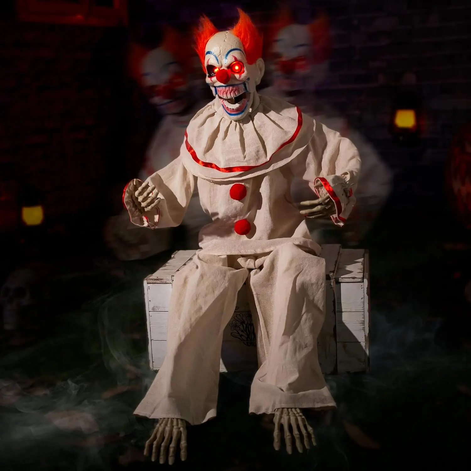 Halloween Animatronic Sitting Clown, Halloween Animated Decorations with Sound Activated, Creepy Sound, Light Up Eyes, Scary Move, Haunted House Holiday Spooky Decor Horror Prop, for Indoor Outdoor