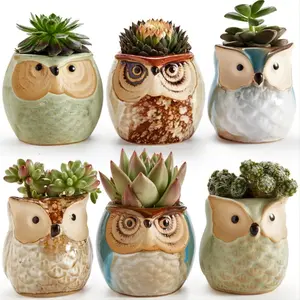 6pcs/set Owl Pot Ceramic Flowing Glaze Base Serial Set Succulent Plant Pot Cactus Plant Pot Flower Pot Container Planter With Drainage Hole Home Office Desk Garden Gift, 2.4cm/2.4inch Decorative