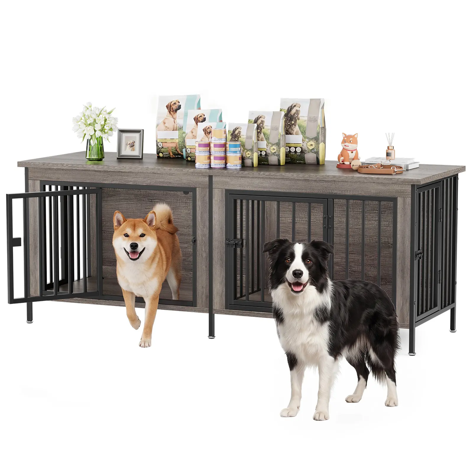 Sweetcrispy 3-in-1 Metal & Wood Dual Compartment Dog Crate Furniture - Heavy Duty Rustic Farmhouse Kennel, TV Stand & Side Table for Bedroom, Living Room, Double Door Lock, 27.56" L × 23.62" W × 25.49" H for Small/Medium Breeds