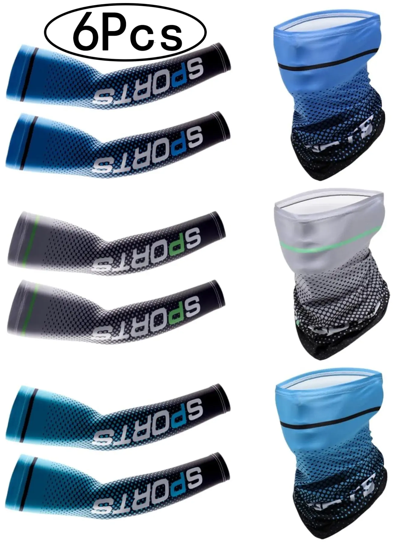 6 Pcs Ice Silk Cooling Set, 3 Pairs UV Protection Arm Sleeves & 3 Neck Gaiter, Breathable Sun Protection Sleeves & Face Covers for Outdoor Sports, Cycling, Running & Fishing, Unisex