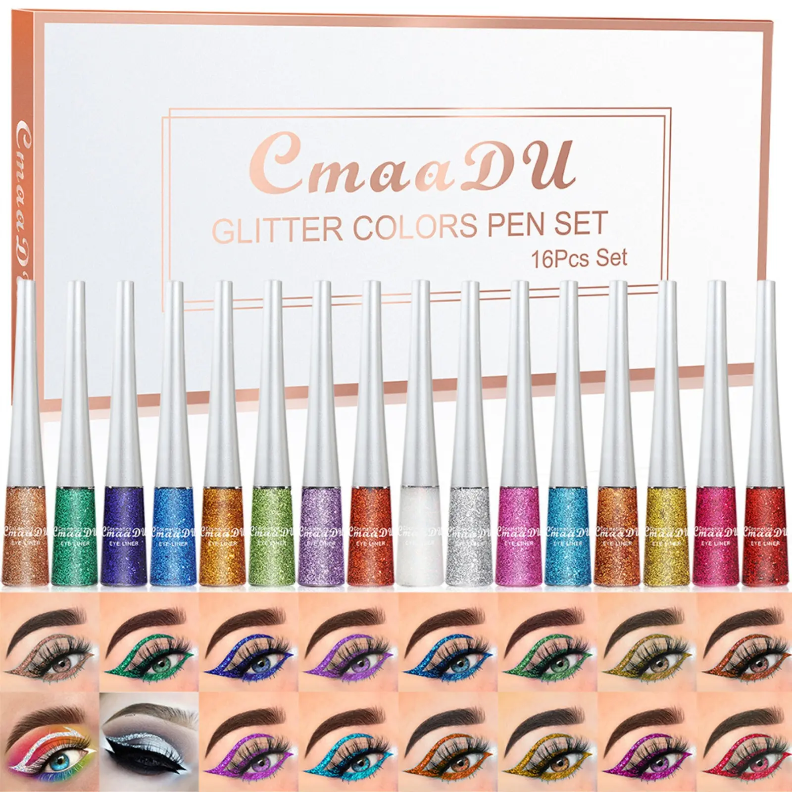 16 Color Glossy Eyeliner Set Makeup Glitter Full Color Eyeshadow Waterproof Highlight Liquid Party Stage Cosmetic Tools Holiday Gift