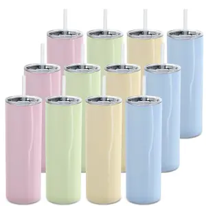 12-Pack 20oz Macaron Sublimation Straight Tumbler Bulk Blank Pastel Colors Sky Blue Lavender Mint Cream Vacuum Insulated Stainless Steel Water Bottle with Straw Lid Flat Lid Keep Cold 24H Hot 12H for Custom Print Wedding Gift Business