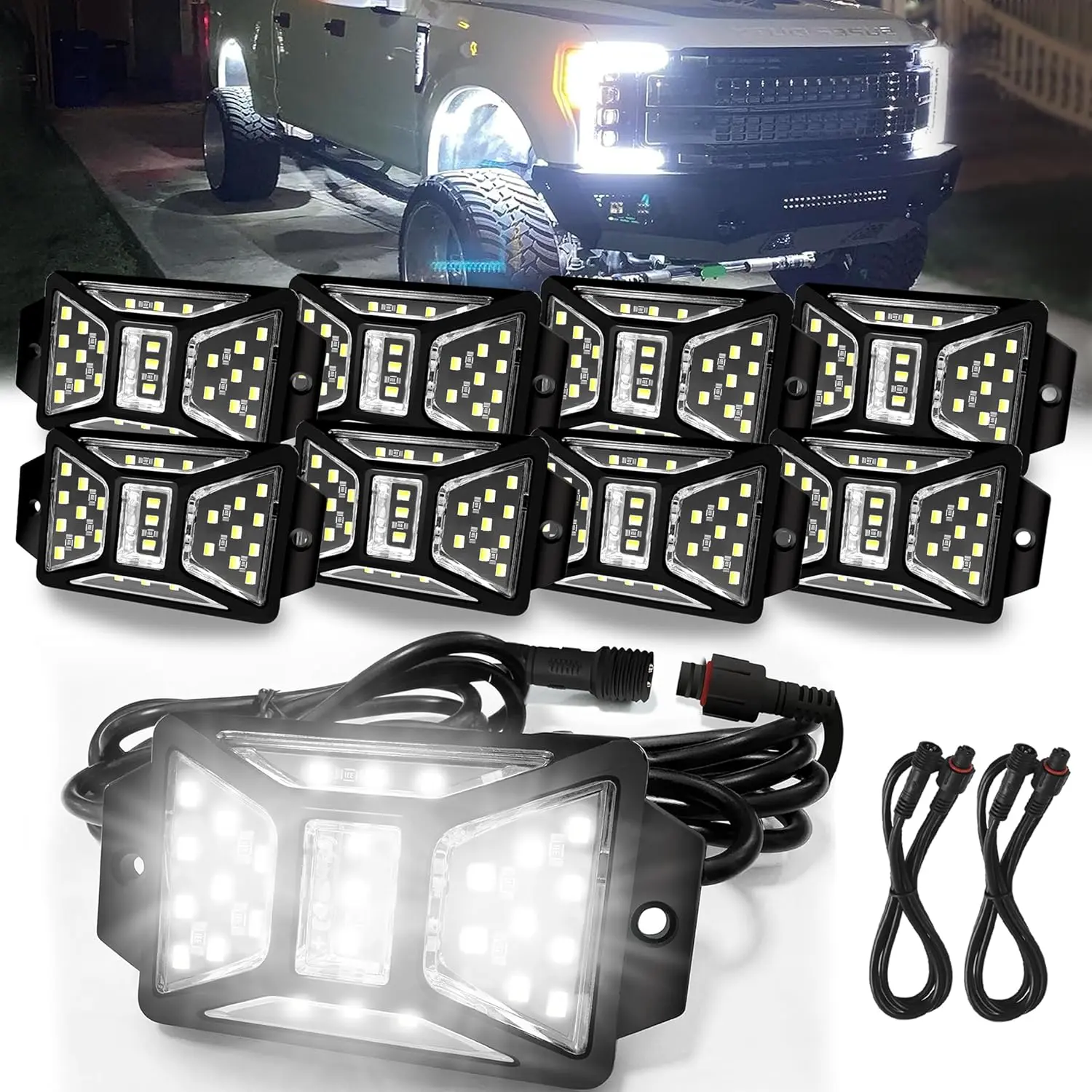 8 Pods Pure White Rock Lights with 2 Pack Connectors Extension Wires,Waterproof Rock Lights Compatible with Trucks Jeep UTV SUV ATV Boat Golf Cart, Mess Free Two-Path Wiring Underglow Kits(Patented)