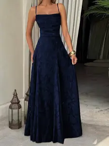 Navy Blue Maxi Dress: Backless Lace-Up Gown for Date Night & Parties