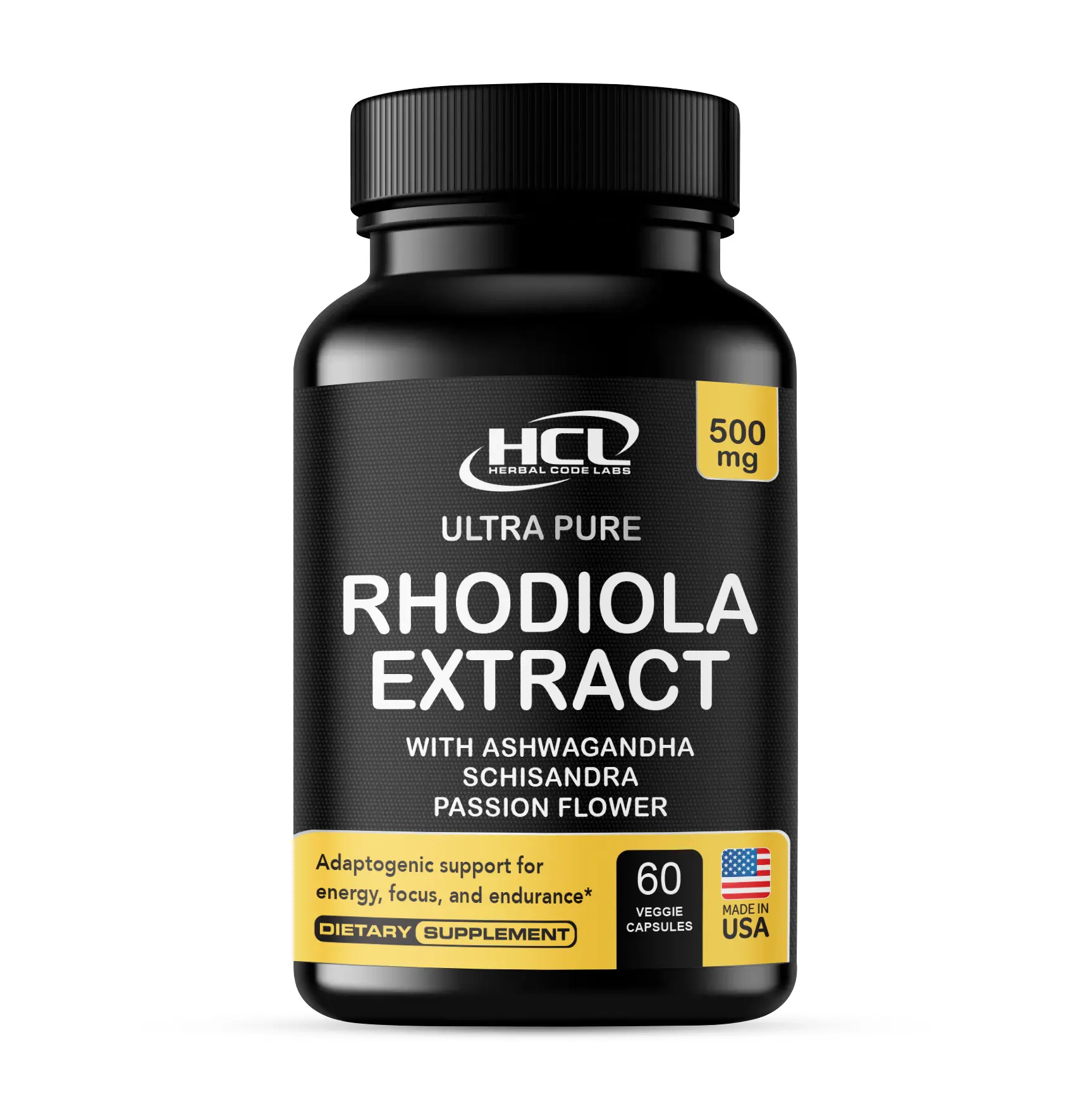 HCL Herbal Code Labs Rhodiola Rosea Supplement 500mg Pure Extract with Ashwagandha Schisandra & Passionflower for Energy Focus & Endurance 60 Veggie Capsules