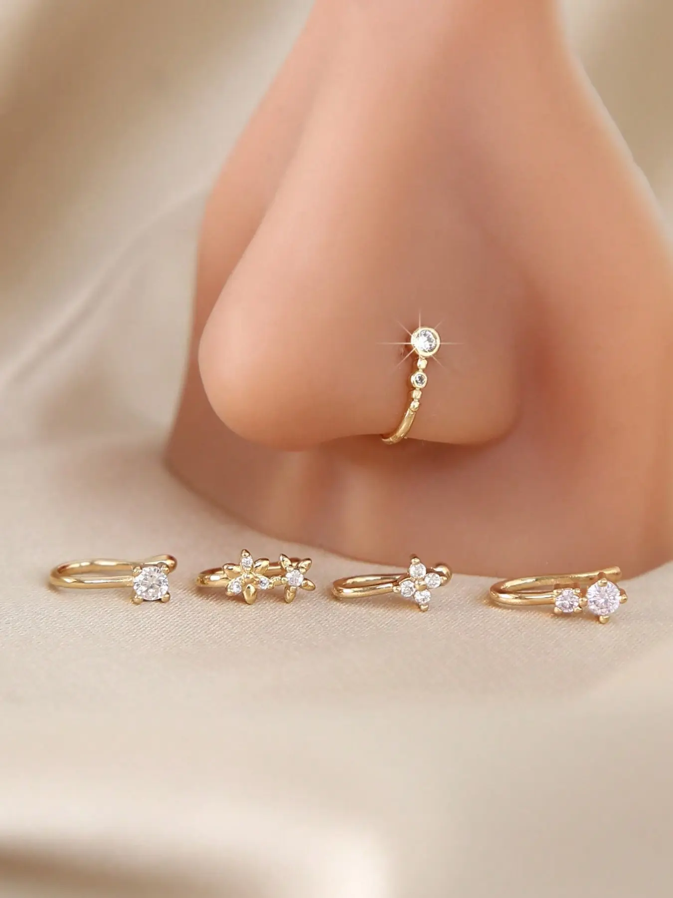 5pcs Rhinestone Decorated Clip-On Nose Rings Stainless Steel, Adjustable Fake Nose Piercing Jewelry, Fashionable Hip-Hop Accessories, All Seasons, Face Jewels