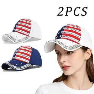 2 Pcs American Flag Rhinestone Baseball Cap for Women, Sparkle Usa Stars and Stripes Bling, Adjustable Trucker Hat, Patriotic Sun Cap for 4th of July