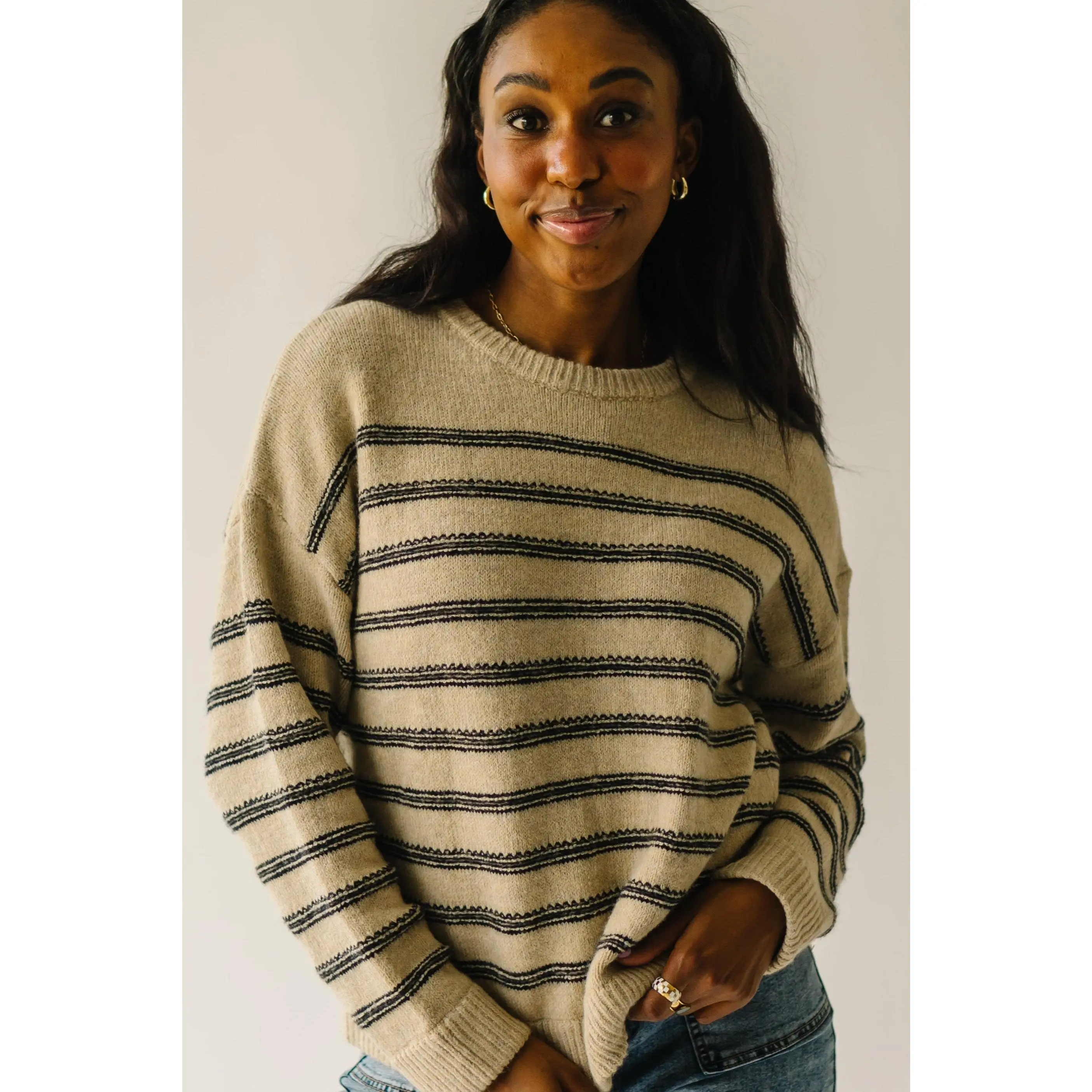 The Peosta Striped Sweater in Taupe Combo