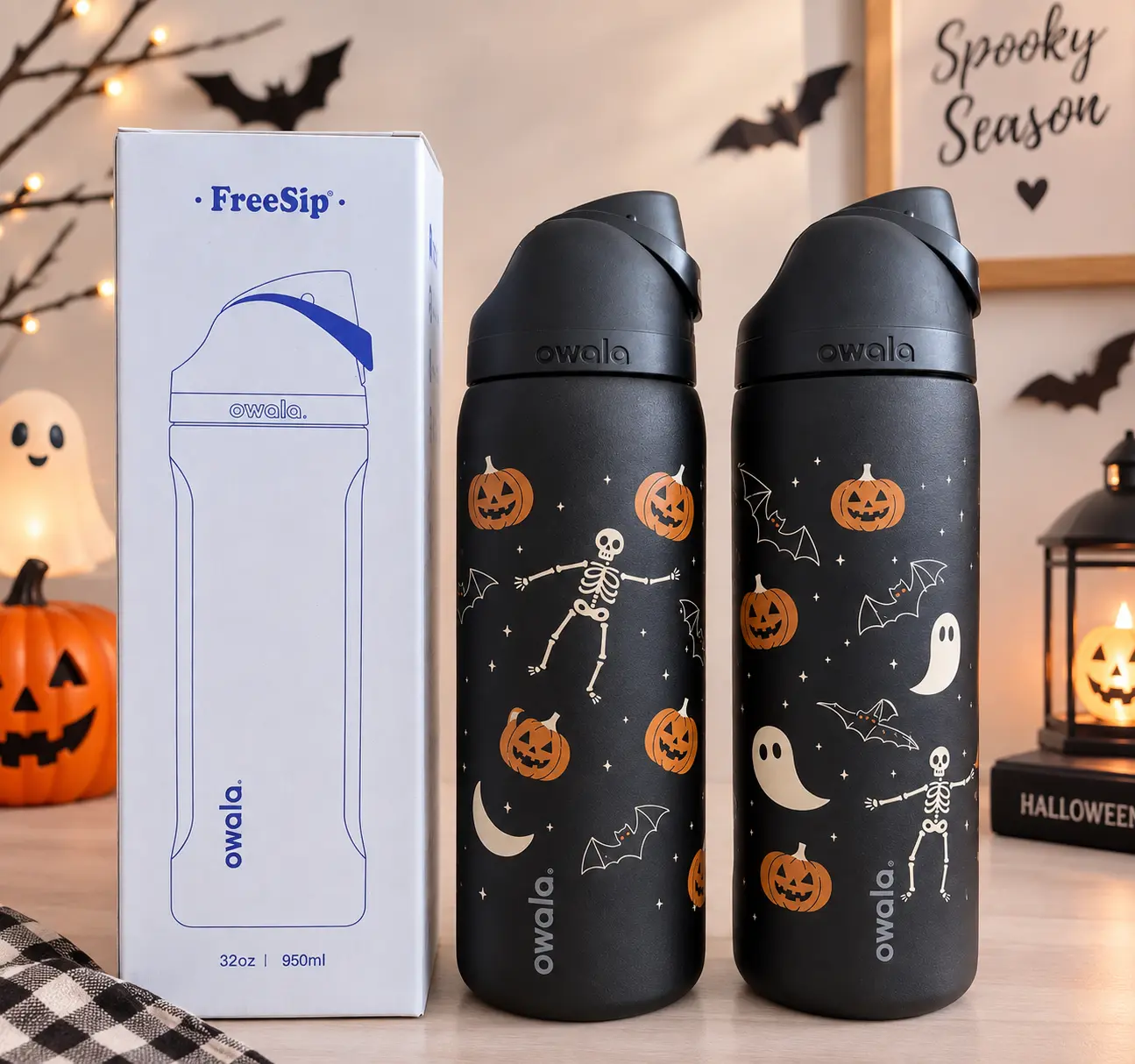 Owala FreeSip 24oz 32oz Insulated Water Bottle, Halloween Pumpkin Ghost Print, Stainless Steel Reusable Bottle with Straw Lid, Leak-Resistant Drinkware for School, Work, Gym & Travel