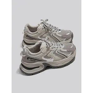 New Thick Sole Dad Shoes Fashion Casual Sporty Women's Athletic Sneaker Footwear Breathable Height Increasing Sneakers, Round Toe Mesh PU Leather Low Top All Seasons Lace Up SneakerRAIMENTRY