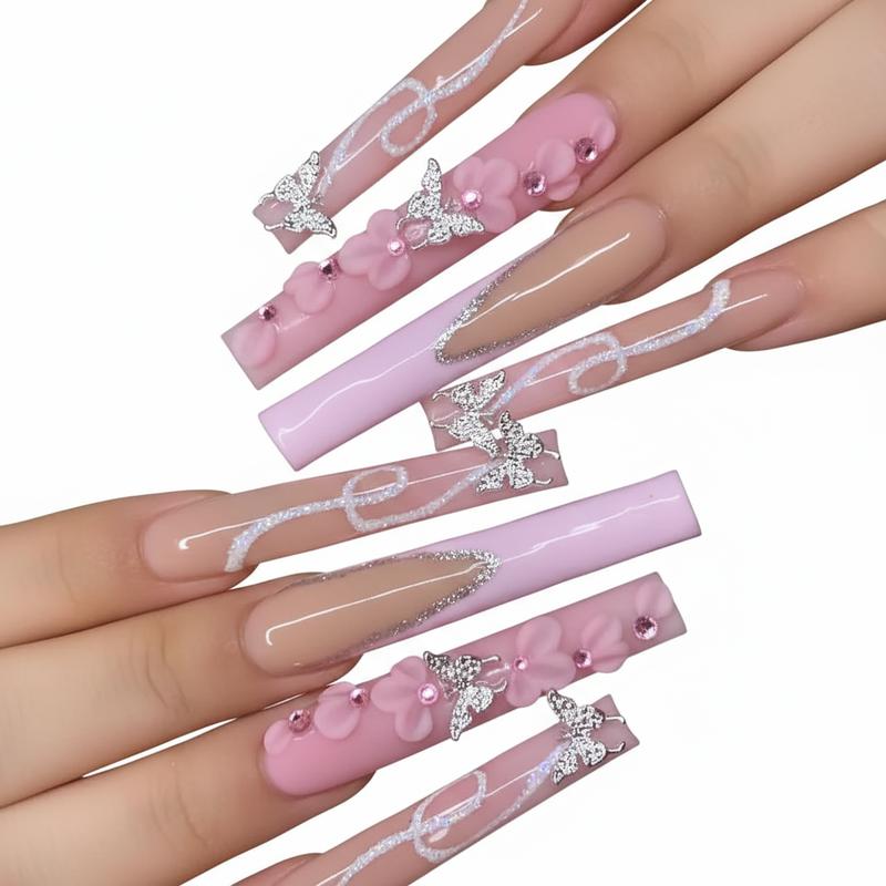 24PCS Long Square Press-On Nails Pink French Tip with Silver Rhinestones Flower Butterfly Charms Full-Cover Acrylic False Nails for DIY Manicure Easter Birthday Gift Set