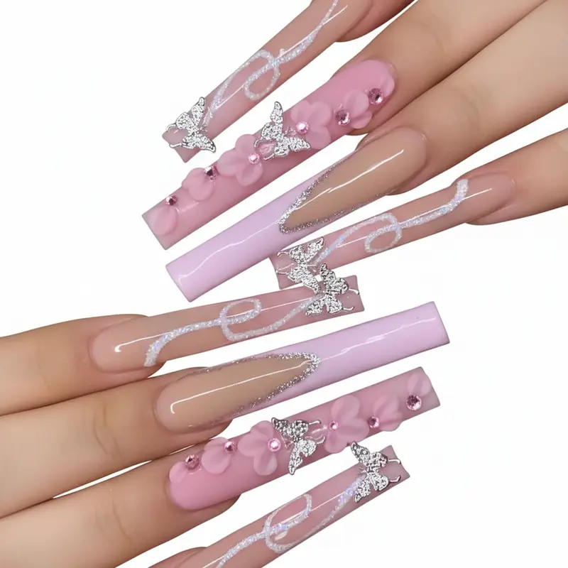 24PCS Long Square Press-On Nails Pink French Tip with Silver Rhinestones Flower Butterfly Charms Full-Cover Acrylic False Nails for DIY Manicure Easter Birthday Gift Set