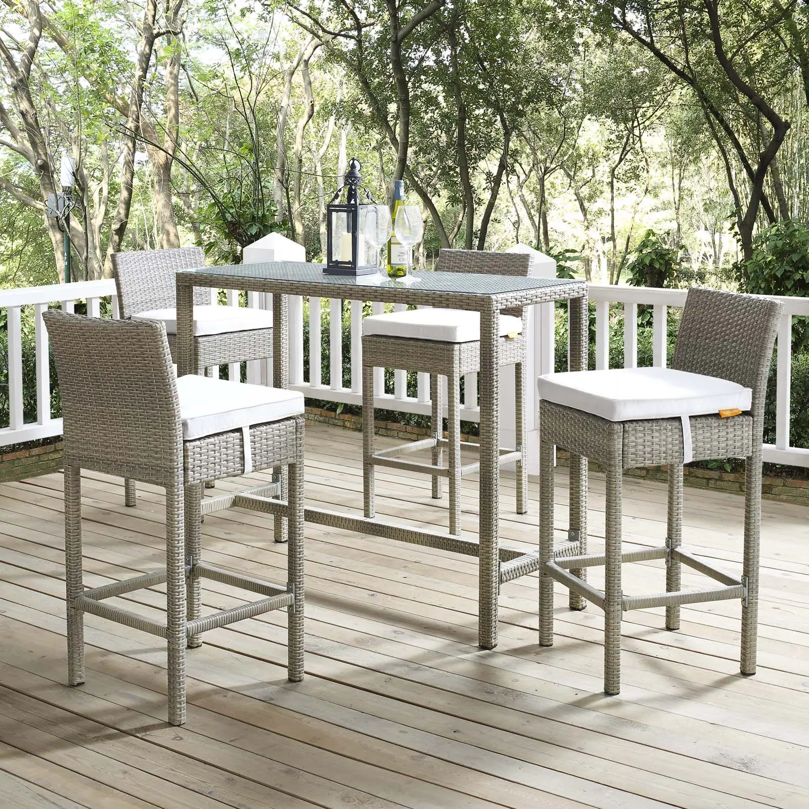 Modway Conduit Bar Stool Outdoor Patio Wicker Rattan Set of 4 in Light Gray White