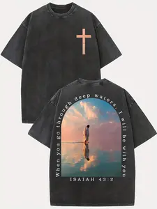 Cross & Isaiah Verse Design Washed Cotton T-Shirt Retro Streetwear Double-Sided Print Pattern Men's T-Shirt Distressed Summer Wear Drop-Shoulder y2k,Vintage,Streetwear Christmas heavyweight pure cotton t-shirt Tee