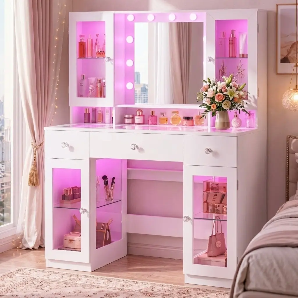 Stylish Makeup Vanity Furniture (43" Glass Top), Apartment Furniture with Built-in Mirror Cabinets, RGB Lights, Power Outlet, 3 Drawers, 3-Color Adjustable Brightness for Bedroom, White