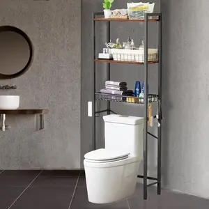 Over The Toilet Storage Rack, 3 Tier Freestanding Space Saver Bathroom Shelf, Bathroom Stand Organizer with Paper Holder and 3 Removable Hooks