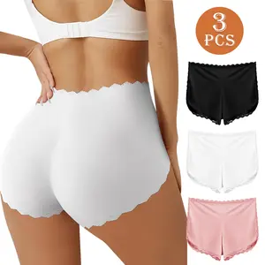 QUASTI 3-Piece Solid Color High-Waisted Hip-Lifting Safety Panties, Lace Trim Design, Super Soft and Skin-Friendly Fabric, Slimming, Tummy-Slimming Underpants , Comfortable and Breathable, Stylish and Versatile Brief, Perfect Womenswear,Sizes S-XXL