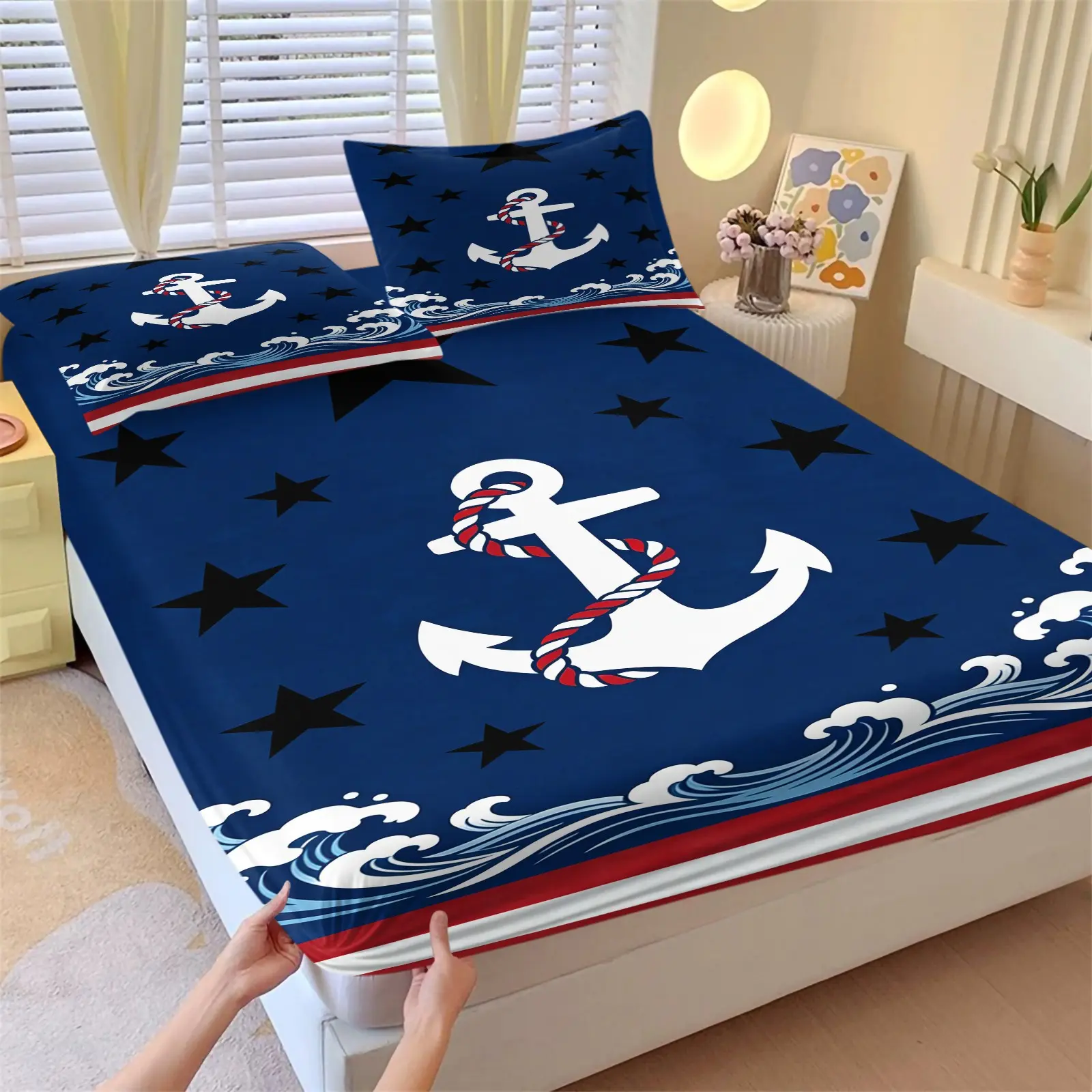 Nautical Patterned Bed Sheet, Non Slip, Dust-Proof And Soft Bedroom And Dormitory Bedding, Suitable As a Moving And Daily Holiday Gift, Including 1 Bed Sheet And 2 Pillowcases