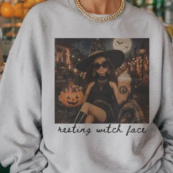 Vintage Halloween Doll Sweatshirts Resting Witch Face Funny Doll Sweatshirt Spooky Season Relatable Tshirt Casual Womenswear Halloween Top PO
