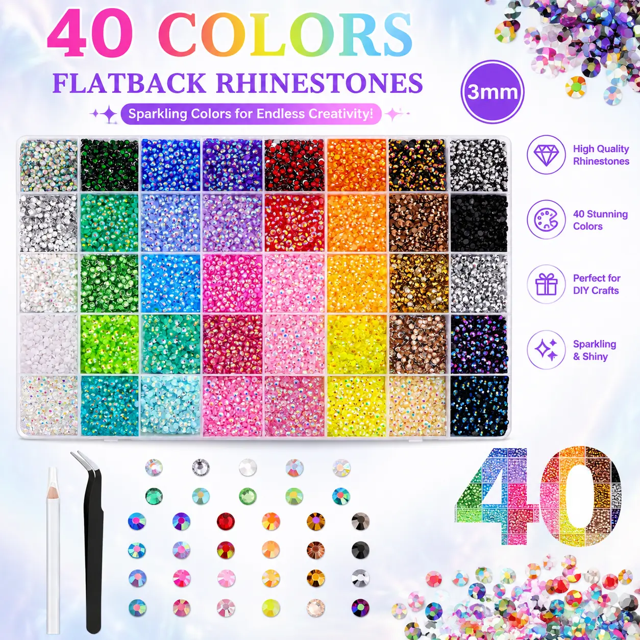Rhinestone Bedazzling Kit, 32000pcs 3mm Multicolored AB Coated Resin Gems with Shimmer Effect for DIY Bling, Flatback Crystals in Storage Box with Tools for Crafts & Easy Nail Art, Crafts Enthusiasts, Use Tools, Economical
