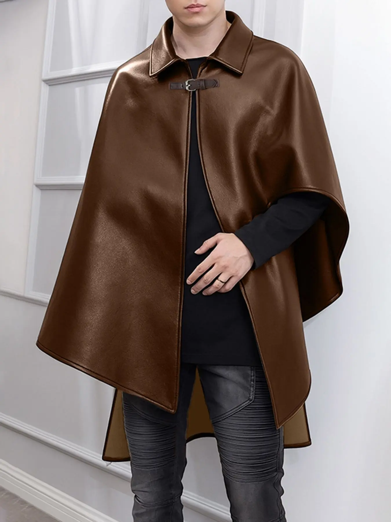 INCERUN Men's Fashion Solid Color PU Leather Coat, Medium-Length Cape for Daily Wear, Stylish and Comfortable Outerwear for Men