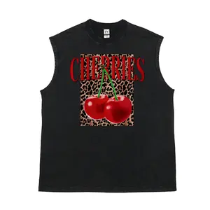 Men's Cotton Streetwear Loose Sleeveless Tank Top - Vintage Retro, Breathable, Soft Washed, Casual, Cherry Leopard & CHERRIES Letter Print
