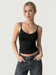 Women's Basic Lace Trim Adjustable Thin Strap Tank Top, Elegant Soft Seamless Bodycon Vest, Casual Summer Wear