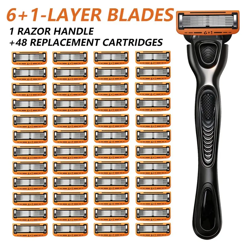 Men's Manual Razor Set, 1 Handle with 12-48 Replacement Blades, Sharp Durable, Easy to Clean, Daily Shaving Tool, Facial Shaving Tool for Men, Facial Shaver, Shaving Razors, Replaceable Blades