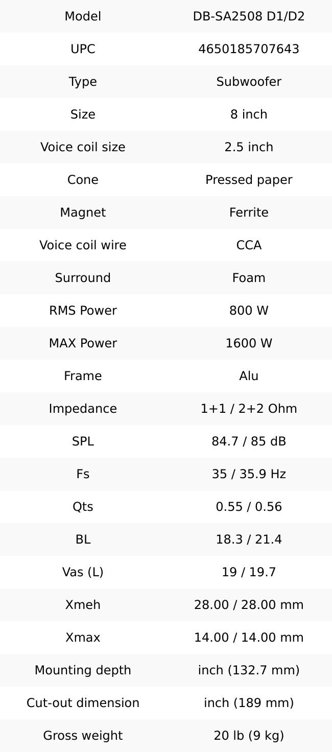 Deaf Bonce Apocalypse DB‑SA2508 D1/D2 8″ Subwoofer – 800W RMS / 1600W Max, Dual 1+1 & 2+2 Ohm