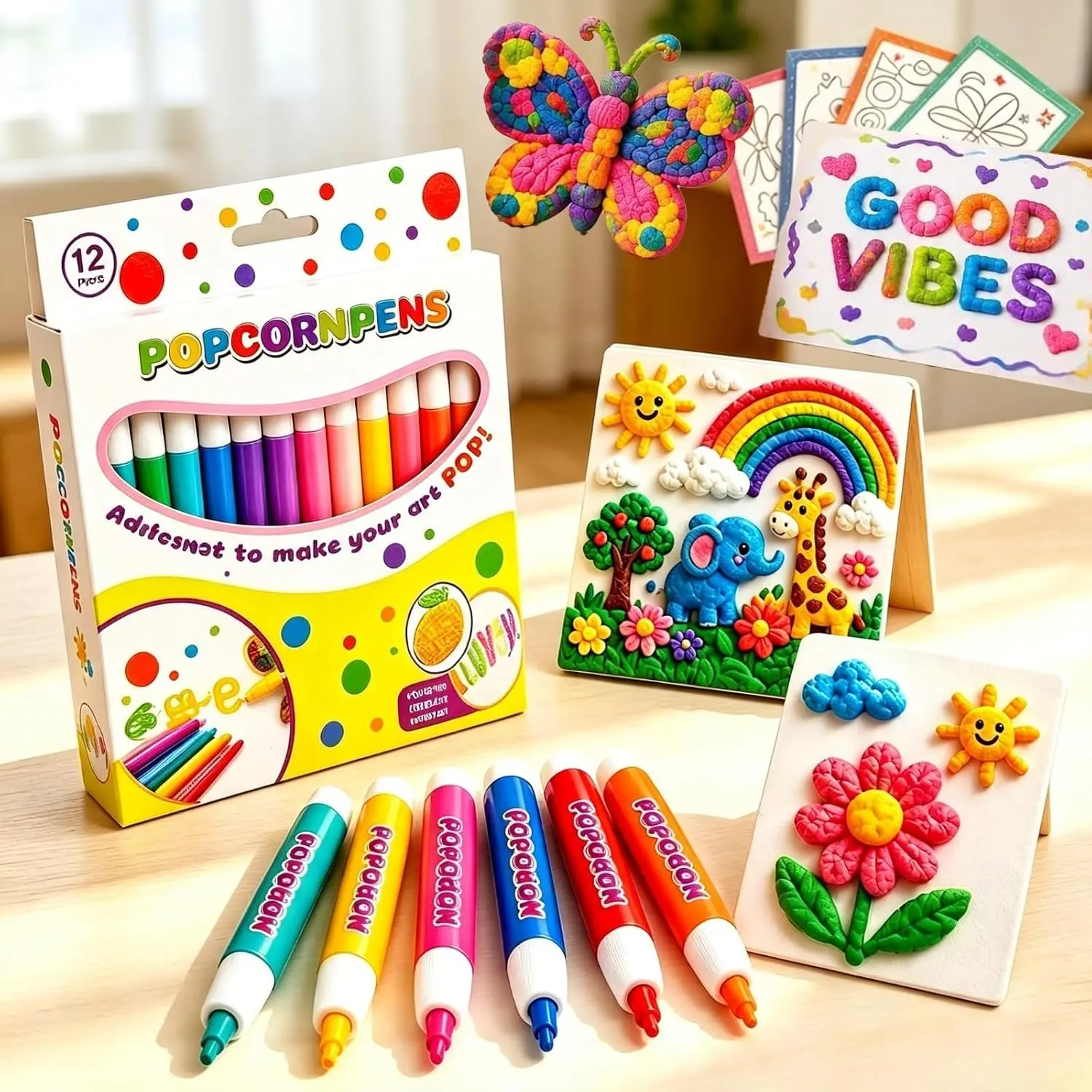12 Color Popcorn Pens, 3D Bubble Popcorn Drawing Pen for Kids, Heat Activated Puffy Paint Pens, DIY Greeting Card Making and Home Crafts, Perfect Gift