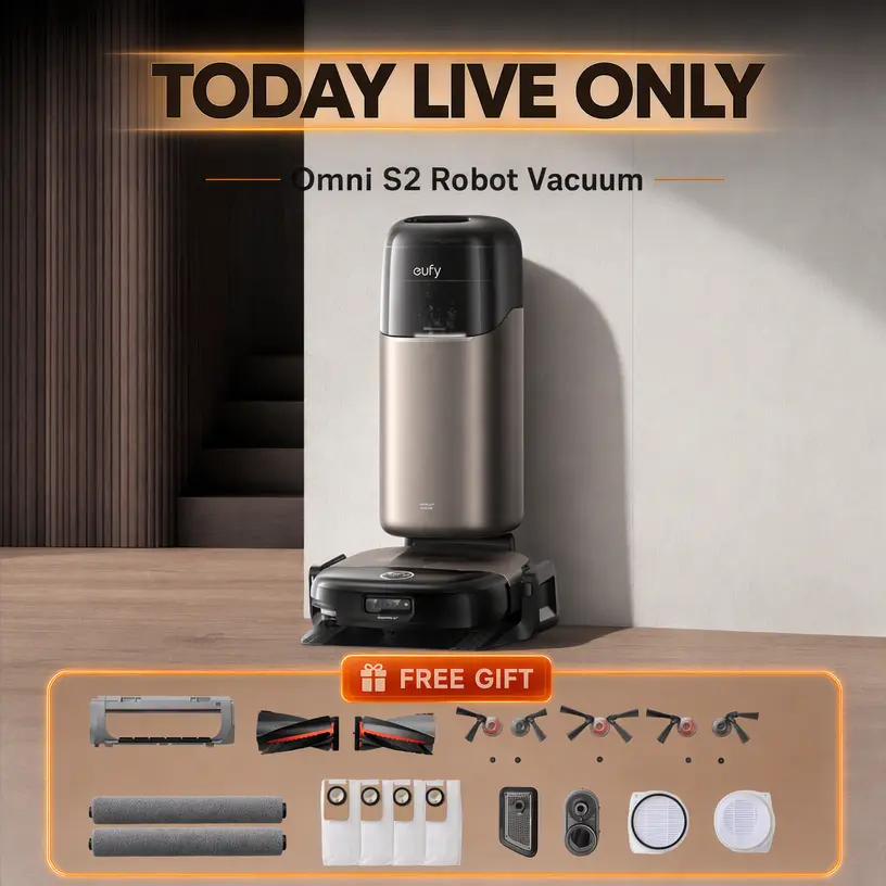 NEW eufy S2 Robot Vacuum Omni and Mop Combo, 30,000 Pa AeroTurbo 2.0 Long-Lasting Suction, HydroJet  2.0 Self‑Cleaning Roller Mop, CleanMind AI Navigation, Fragrance Diffuser, All‑in‑One Station