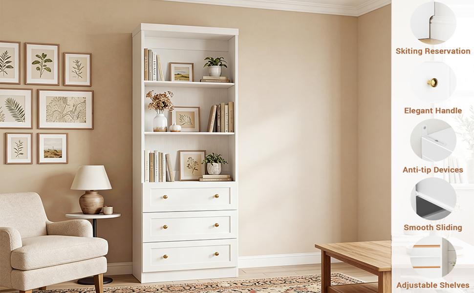 80"Tall Display Bookcase with 3 Wooden Drawers, 24'' W Adjustable Shelves Etagere Bookshelf for Living Room, Home Office, Modern Storage Cabinet