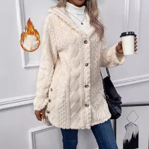 Elegant Beige Faux Fur Hooded Cardigan for Women - Long Sleeve, Button-Up Mid-Length Winter Coat with Pockets, Warm & Stylish Fall/Winter Outerwear, Cozy Clothing | Buttonup Cardigan | Structured Design