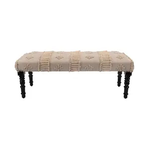 HomeRoots 483463 18 x 47 x 16 in. Cream & Black Leg Abstract Stripe & Dot Upholstery Bench, Upholstered Stool
