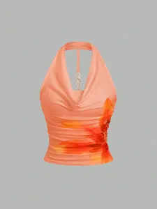 Women's Floral Print Halter Top, Sleeveless, Deep V Neck, Side Ruched Design, Sexy Vacation Style, Casual/dating/beach/party, Trendy Hot Look