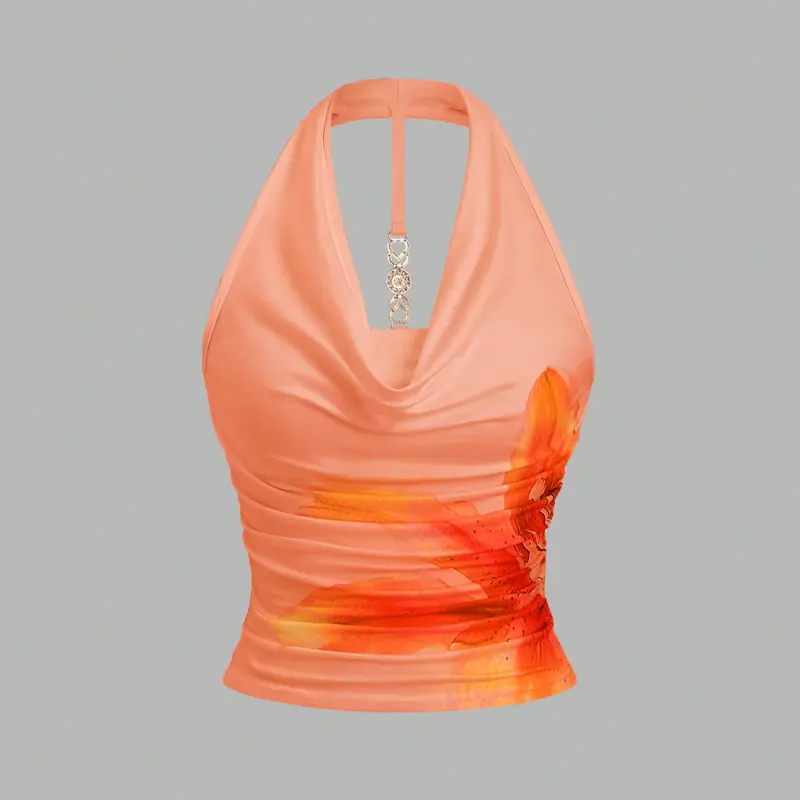 Women's Floral Print Halter Top, Casual Sleeveless Halter, Deep V Neck, Side Ruched Design, Fit, Sexy Vacation Style, Daily/date/beach/party, Highlight Body Curves, Casual Beach Tank, Modern Tank Top, Floral Beach Tops