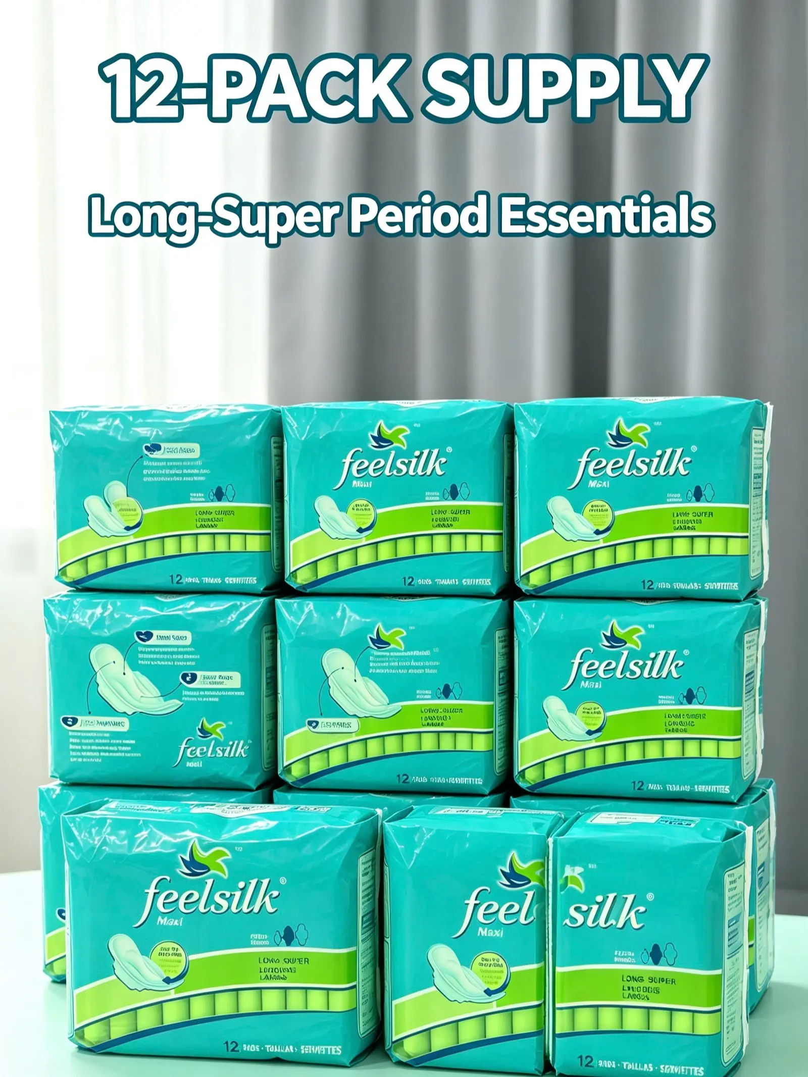 Feelsilk Disposable Maxi Sanitary Pads for Women, Flexi-Wings, Long-Super Heavy Flow, 12 Pads Per Pack, Feminine Hygiene Product