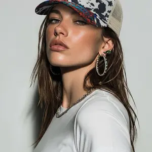 Western Ponytail Trucker Cap - Cowhide Material, Aztec Style Fashion Hats