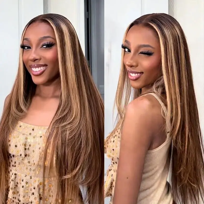 Megalook Hair Dark Brown Highlight Blonde 13x6 Ear to Ear Glueless Lace Front Wig 3-Step No Glue Installation 100% Human Hair Silky Straight