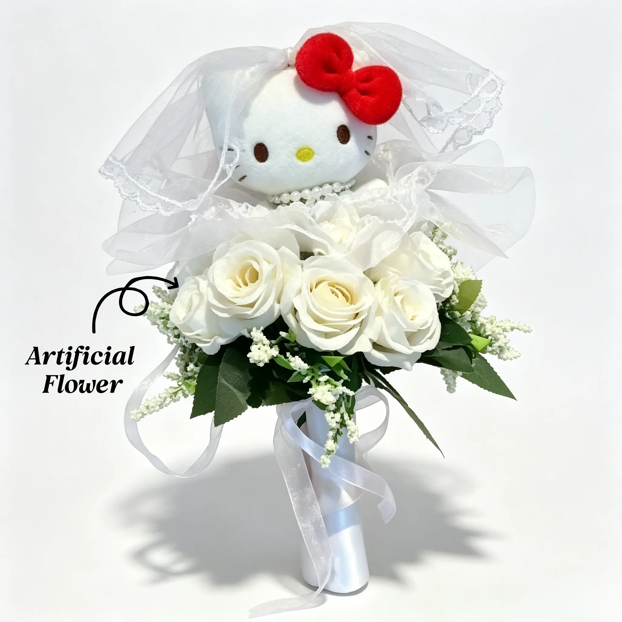 Hello Kitty Wedding Artificial Flower Bouquet Sanrio Licensed Kawaii Bridal Hand Bouquet Wedding Photo Decor Gift for Girls & Women