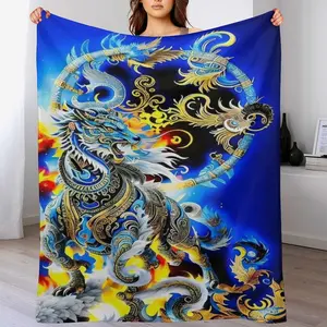 Mythical Qilin Kirin Fleece Blanket, Traditional Chinese Blue Gold Dragon Throw Blanket, Soft Flannel Asian Mythology Blanket for Bed Couch, Unique Spiritual Gift for Dragon Lovers, Oriental Art Room Decor