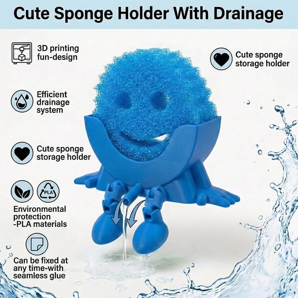 Creative Hanging Sponge Holder with Drainage/Traceless Glue, 3D Printing Countertop Funny Sponge Holders for Kitchen Sink, Keeps Your Sponge Dry & Smiling, for Scrub Daddy Holder (1, Blue)
