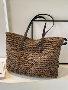 Versatile Simple Solid Color Woven Design Large Capacity Tote Bag, Perfect for Beach Vacations, Single Shoulder Large Bag, Beach Bags