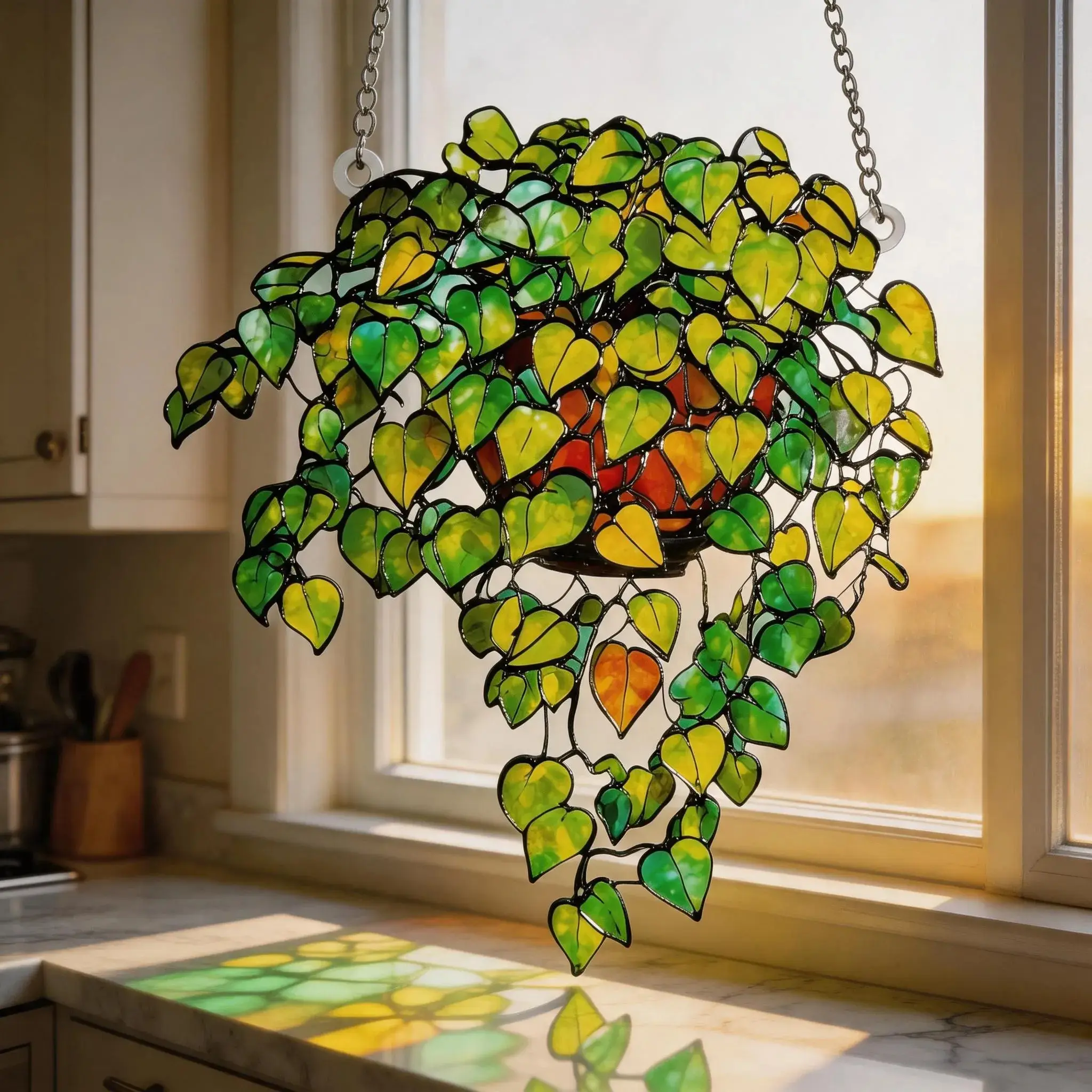 Stained Glass Hanging Plant Suncatcher, Green Leaf Window Decor, Ivy Plant Glass Art, Nature Sun Catcher, Gift for Her
