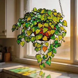 Stained Glass Hanging Plant Suncatcher, Green Leaf Window Decor, Ivy Plant Glass Art, Nature Sun Catcher, Gift for Her